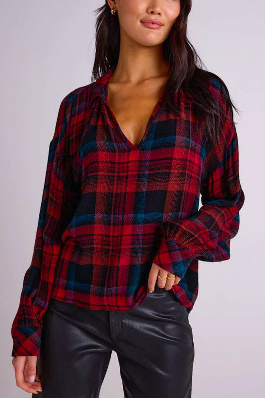 Bella Dahl Drop Shoulder Pullover in Winter Berry Plaid