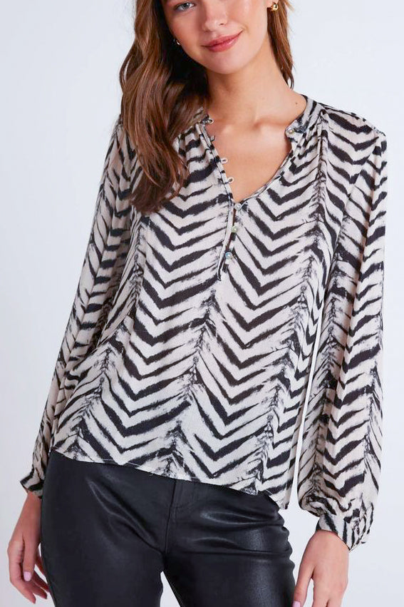 Bella Dahl Half Placket Pullover in Batik Chevron Print