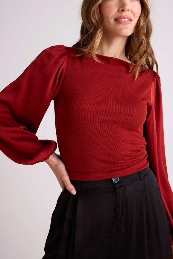 Bella Dahl Ruched Waist Flowy Sleeve Top in Rustic Red