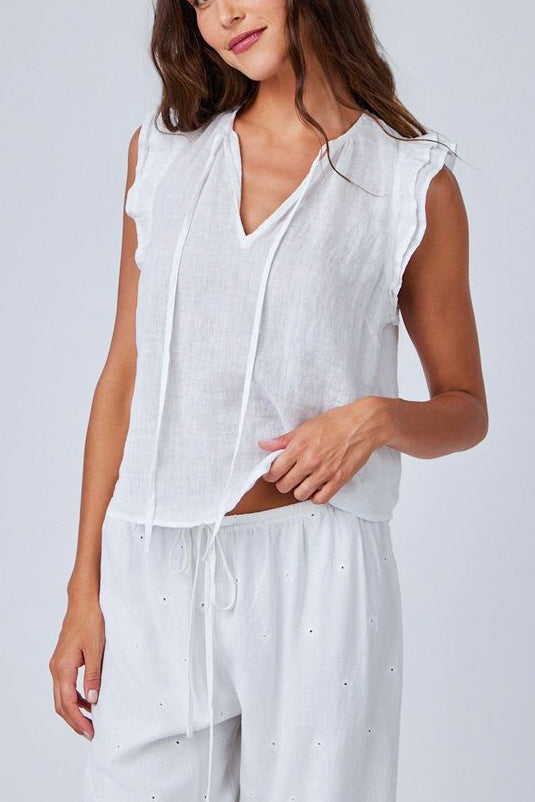 Bella Dahl Ruffle Sleeve Tie Neck Top in White