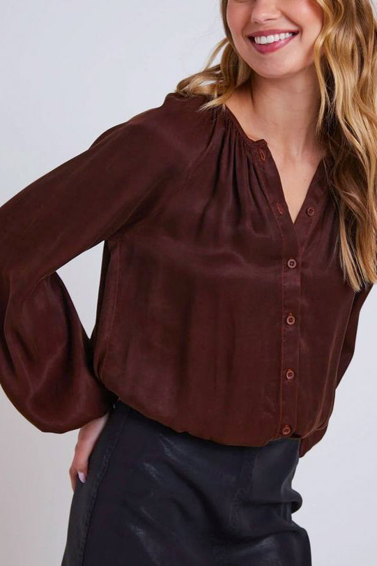 Bella Dahl Shirred Button Front Blouse in Mahogany Brown