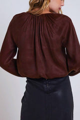 Bella Dahl Shirred Button Front Blouse in Mahogany Brown