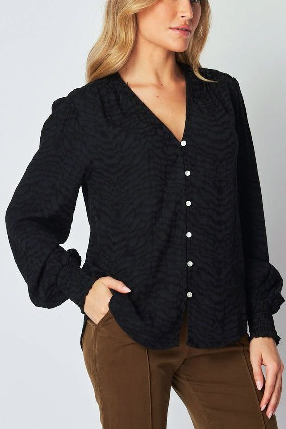 Bella Dahl Smocked Cuff Button Down in Black