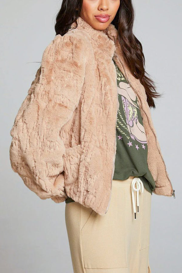 Chaser Puff Sleeve Faux Fur Jacket in Cappuccino