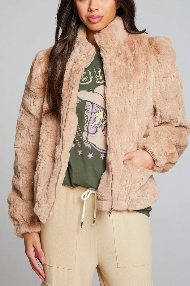 Chaser Puff Sleeve Faux Fur Jacket in Cappuccino