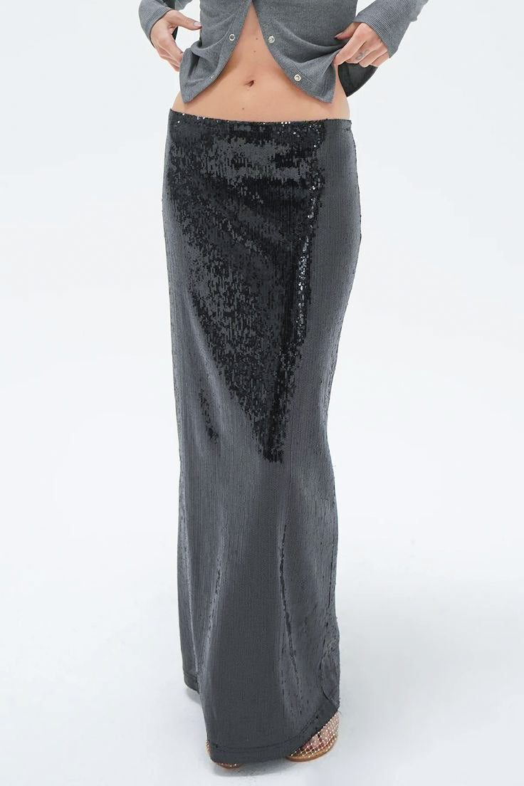 LNA Elettra Sequin Column Skirt in Black Sequin