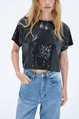 LNA Zosia Sequin T-Shirt in Black Sequin