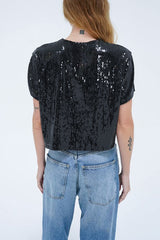 LNA Zosia Sequin T-Shirt in Black Sequin