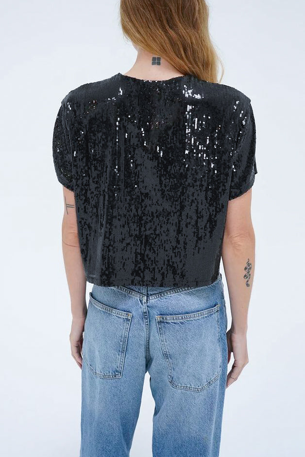 LNA Zosia Sequin T-Shirt in Black Sequin