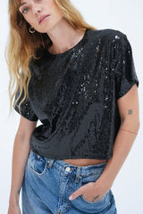 LNA Zosia Sequin T-Shirt in Black Sequin