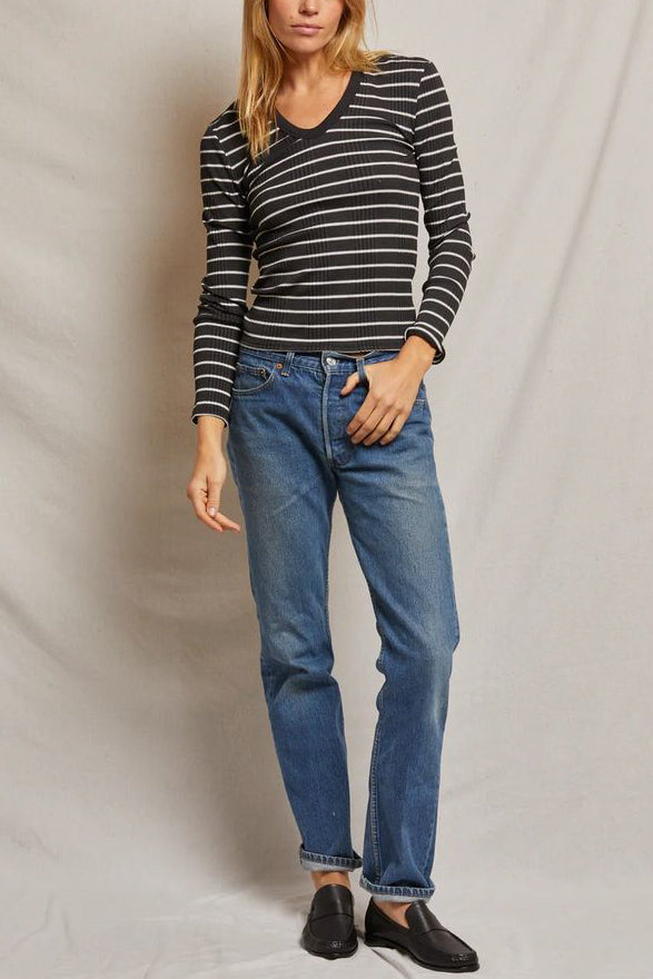 Perfect White Tee Robyn Rib Stripe Long Sleeve in Black/Sugar Stripe