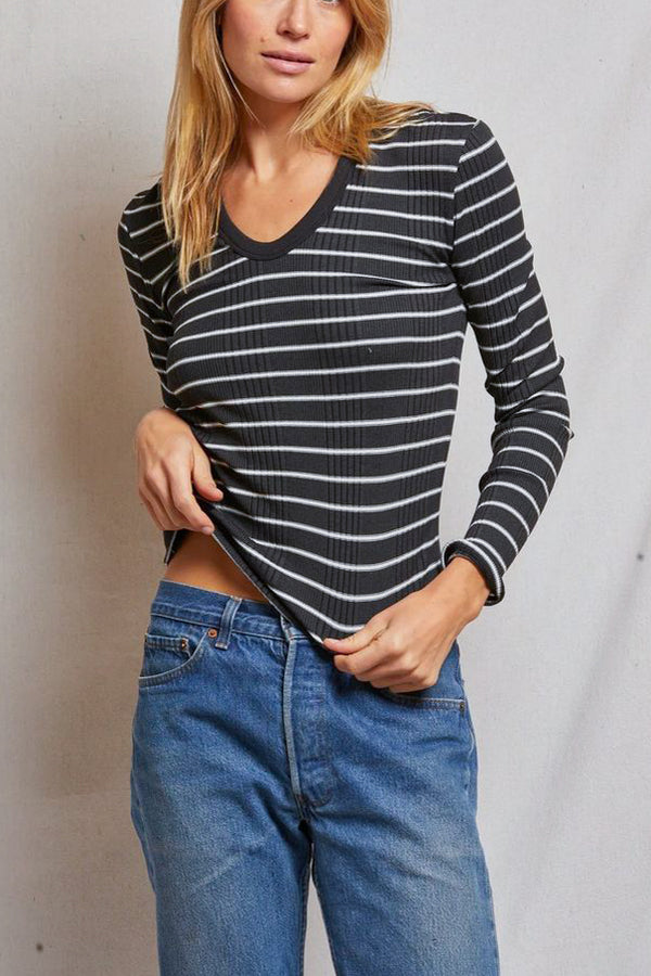 Perfect White Tee Robyn Rib Stripe Long Sleeve in Black/Sugar Stripe