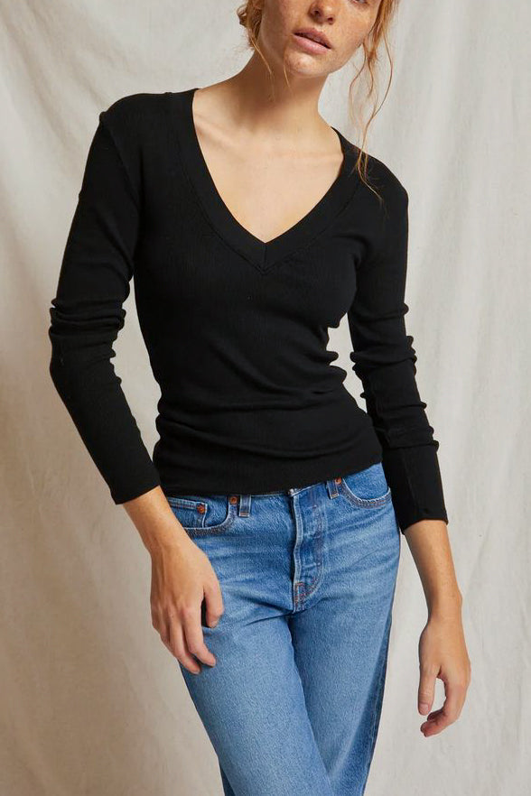 Perfect White Tee Viola L/S Luxe Rib V Neck in True Black