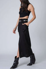 Stillwater Stretch Linen Cargo Knotch Waist Maxi Skirt in Black - Viva Diva Boutique