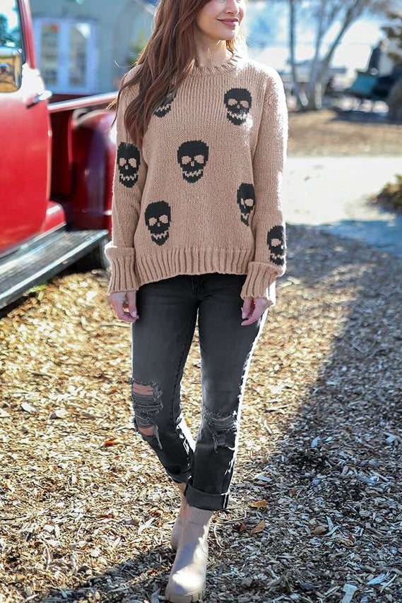 Wooden Ships Multiple Skulls Crew Chunky in Latte/Black